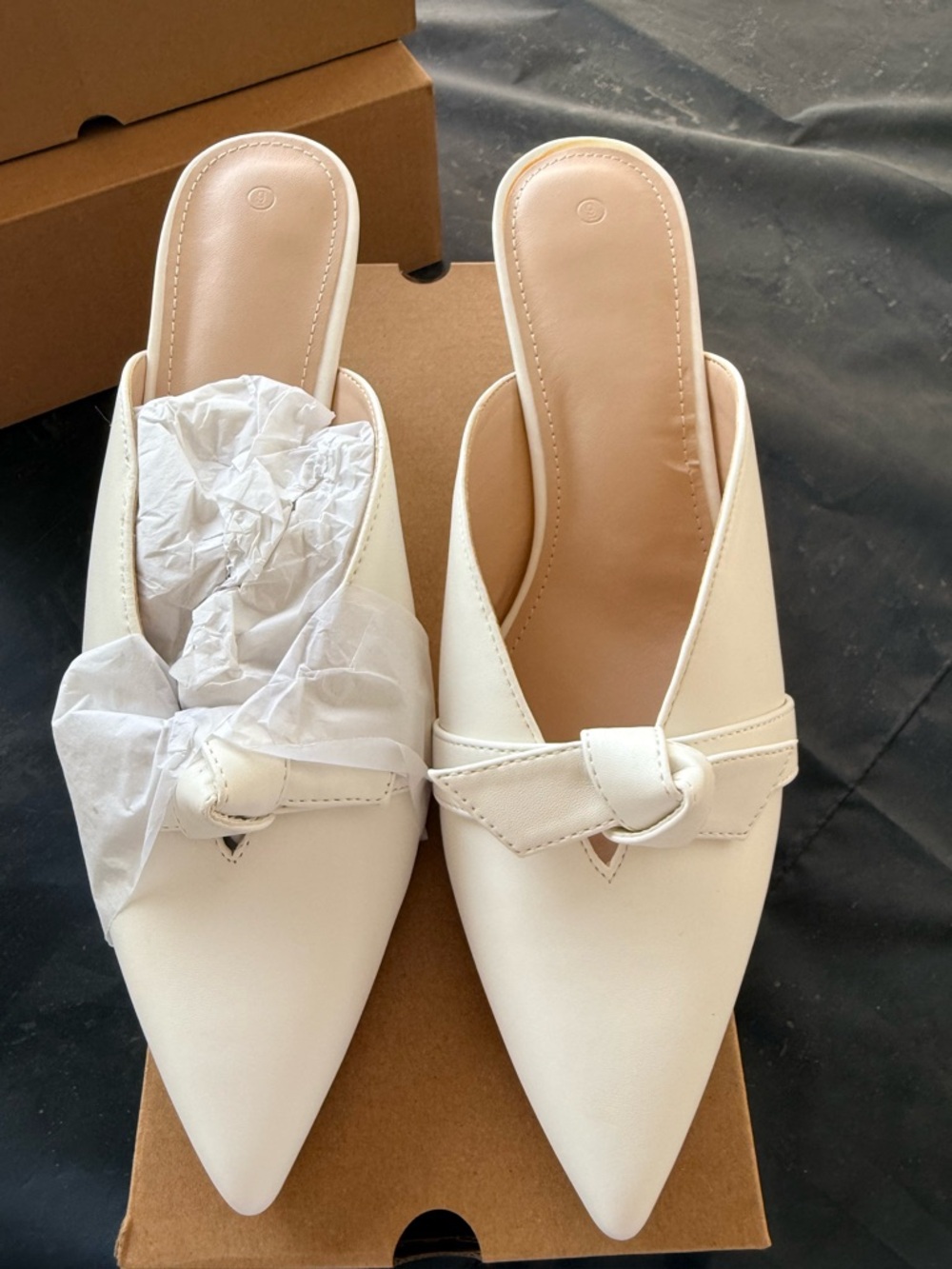 Women’s Pointed White Slip-On Mules with Knot Detail
